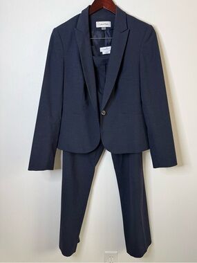 Calvin Klein Navy Heather Suit Set Blazer Pants Size 8 Modern Fit Stretch